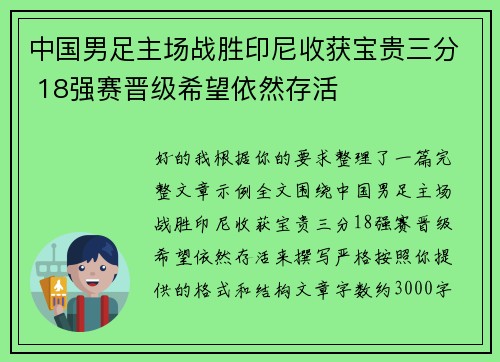 中国男足主场战胜印尼收获宝贵三分 18强赛晋级希望依然存活