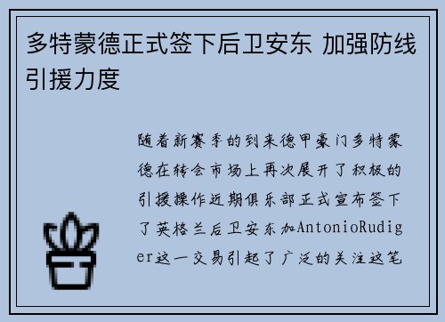 多特蒙德正式签下后卫安东 加强防线引援力度